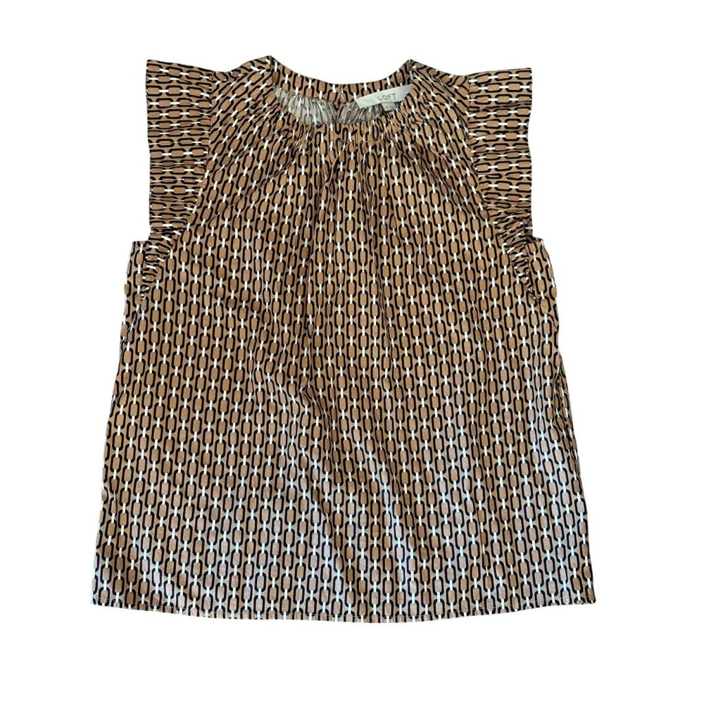 NWOT LOFT PETITE CHAINS PRINT CASUAL BLOUSE SMALL FLUTTER SLEEVE BROWN